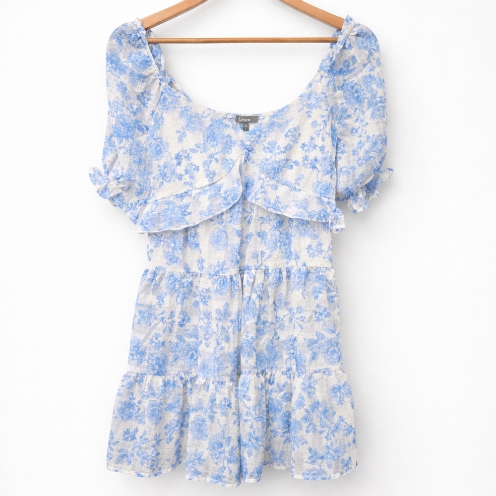 Trixxi Blue and White Floral Mini Dress Puff Sleeve Lined Size Small - Picture 2 of 9